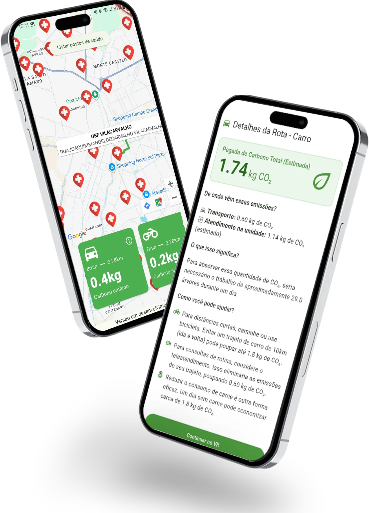 Aplicativo mostrando cálculo de pegada de carbono